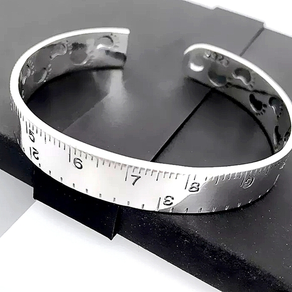 Ruler Design Sterling Silver Matching Bangle Cuff Bracelet Ring Set - Picture 7 of 11